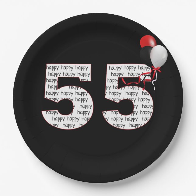 Assiettes En Carton Joyeux 55e anniversaire sur plaque de papier noir (Devant)