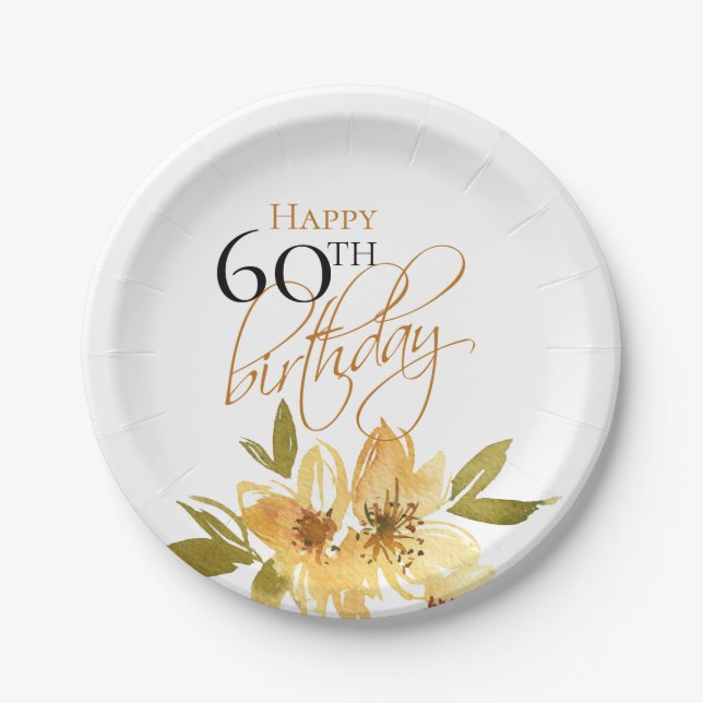 Assiettes En Carton Joyeux 60e anniversaire Fleur Jaune (Devant)