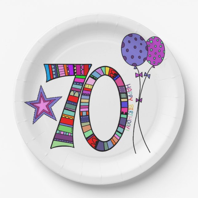 Assiettes En Carton  Joyeux 70e anniversaire. 70e Anniversaire coloré (Devant)