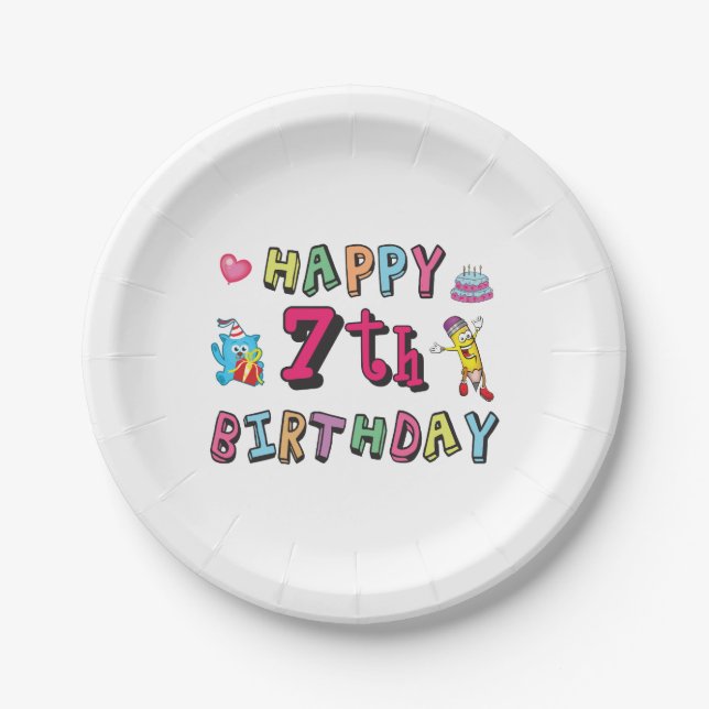 Assiettes En Carton Joyeux 7ème anniversaire. 7 ans. (Devant)