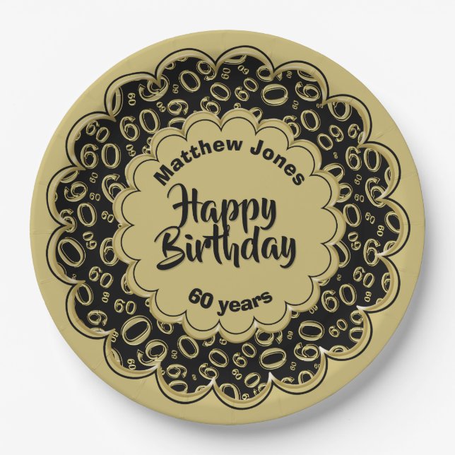 Assiettes En Carton Joyeux anniversaire 60e Motif de numéro noir/or (Devant)