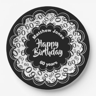 Assiettes En Carton Joyeux anniversaire 60e Noir/Blanc Motif numérique