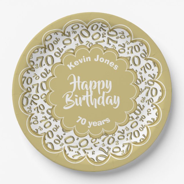 Assiettes En Carton Joyeux anniversaire 70e Motif numérique Gold and W (Devant)