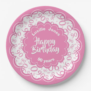 Assiettes En Carton Joyeux anniversaire 90e Motif numérique rose et bl