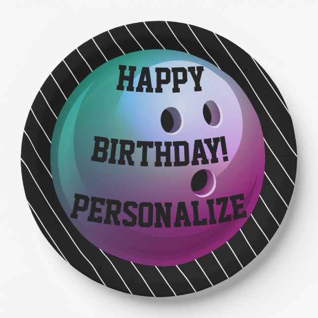 Assiettes En Carton Joyeux anniversaire au Bowling Ball personnalisé (Devant)