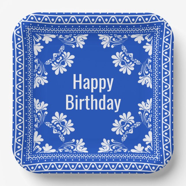 Assiettes En Carton Joyeux Anniversaire Bandana Bleue (Recto)