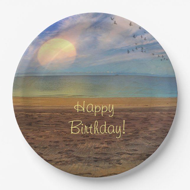 Assiettes En Carton Joyeux Anniversaire Beach Sunset (Devant)