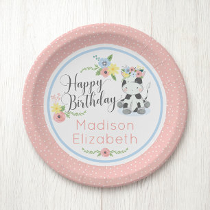 Assiettes En Carton Joyeux anniversaire Bébé Vache Floral 1er annivers