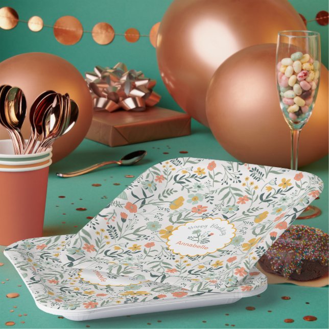 Assiettes En Carton Joyeux Anniversaire Bleu Fleurs Jaunes Nom (Multi)