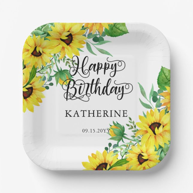 Assiettes En Carton Joyeux Anniversaire Boho Sunflowers | Eucalyptus (Recto)