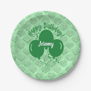 Assiettes En Carton Joyeux Anniversaire Coeurs verts Ballons Personnal