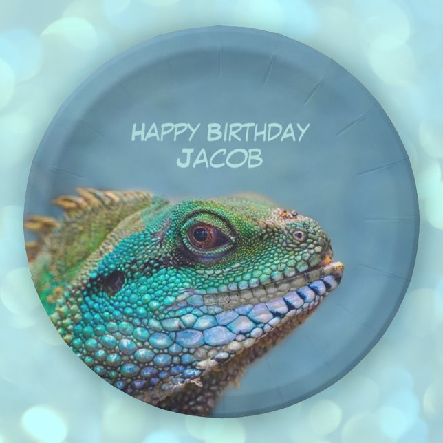 Assiettes En Carton Joyeux Anniversaire coloré Iguana (Happy Birthday Colorful Iguana Personalized Paper Plates)