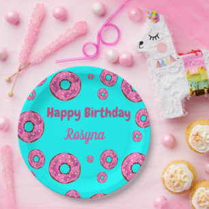 Assiettes En Carton Joyeux anniversaire crème rose beignets bleu