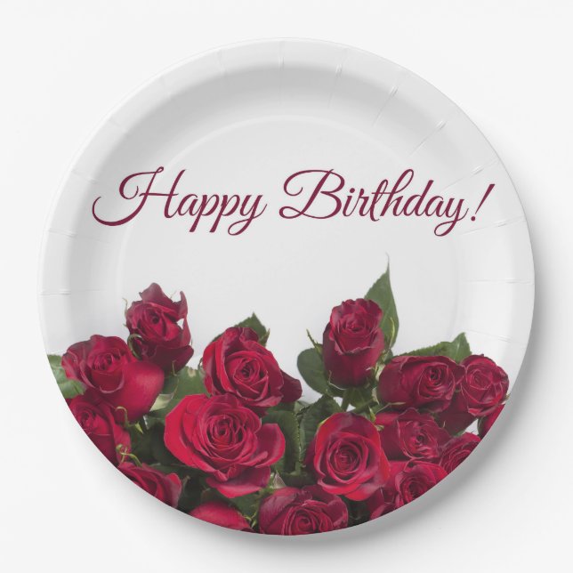 Assiettes En Carton Joyeux anniversaire de roses rouges (Devant)