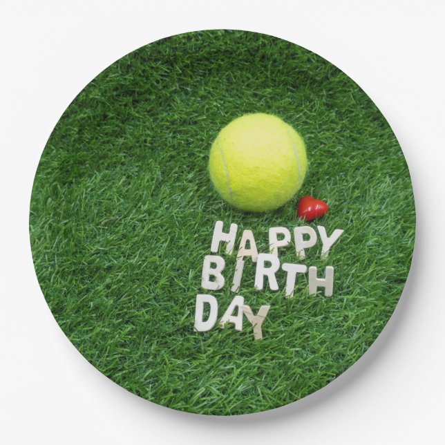 Assiettes En Carton Joyeux anniversaire de tennis avec coeur d'amour (Devant)