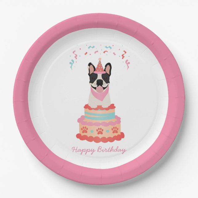 Assiettes En Carton Joyeux anniversaire français Bulldog Party Casquet (Devant)
