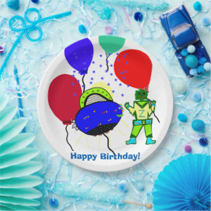 Assiettes En Carton Joyeux Anniversaire Garçon Robot Vert Bateau Spati