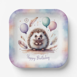 Assiettes En Carton Joyeux Anniversaire Hérisson Aquarelle avec Ballon