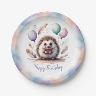 Assiettes En Carton Joyeux Anniversaire Hérisson Aquarelle avec Ballon