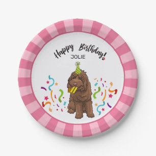 Assiettes En Carton Joyeux anniversaire Labradoodle Dog Pink Stripe Pa