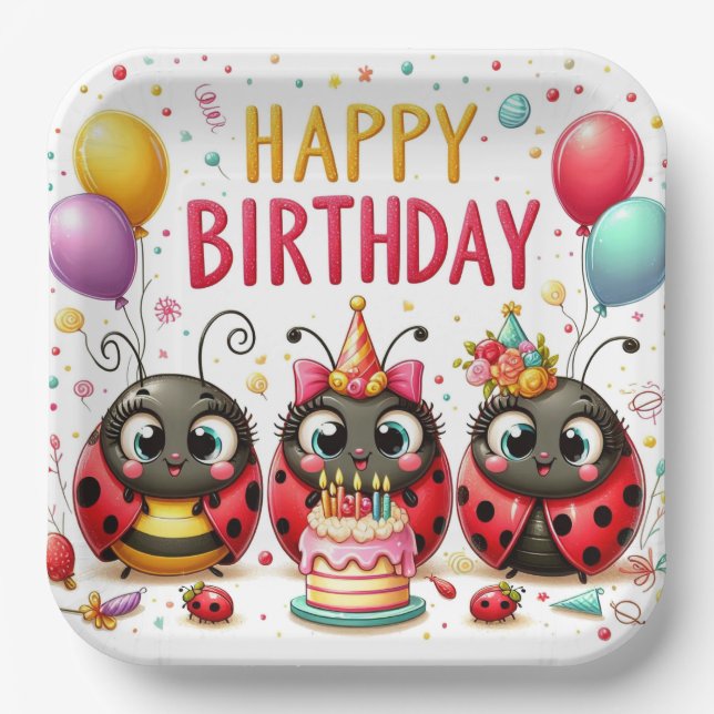 Assiettes En Carton Joyeux anniversaire Ladybugs (Recto)