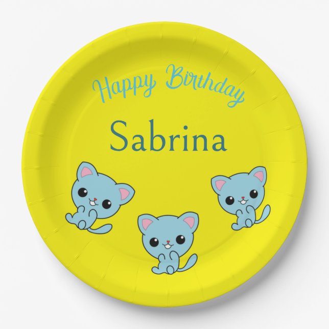 Assiettes En Carton Joyeux anniversaire mignon chatons bleu bondissant (Devant)