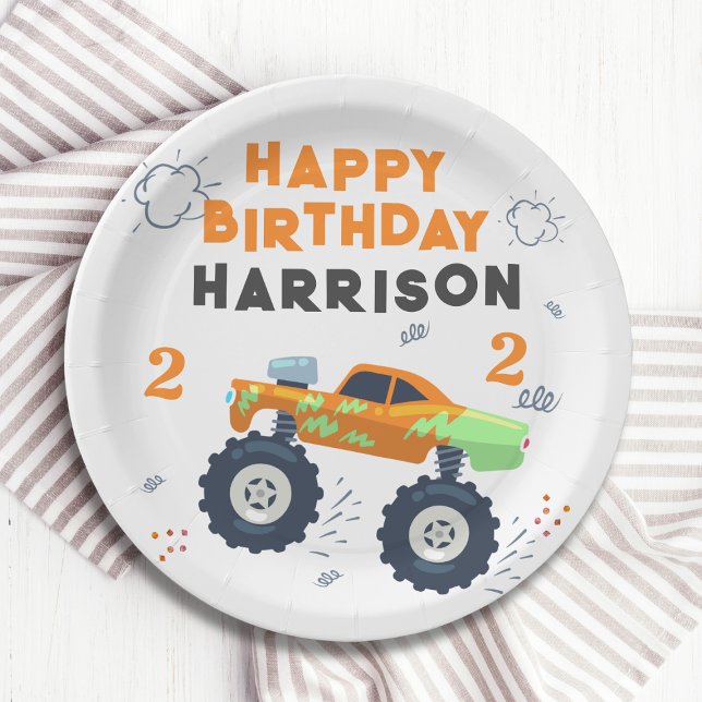 Assiettes En Carton Joyeux Anniversaire Moderne Monster Car Trucks Nom (Créateur téléchargé)
