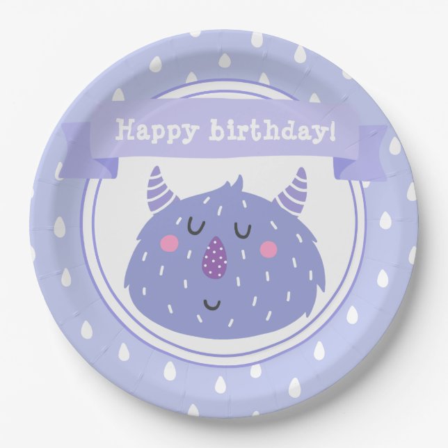 Assiettes En Carton Joyeux anniversaire ! Monstre mou pourpre (Devant)