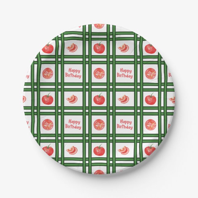 Assiettes En Carton Joyeux anniversaire - Motif de tomates fraîches (Devant)