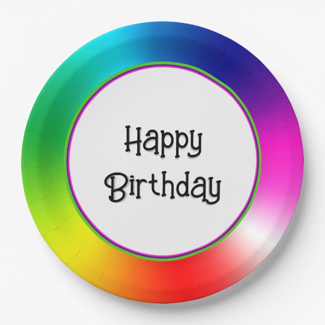 Assiettes En Carton Joyeux Anniversaire Neon Rainbow Vortex (Devant)