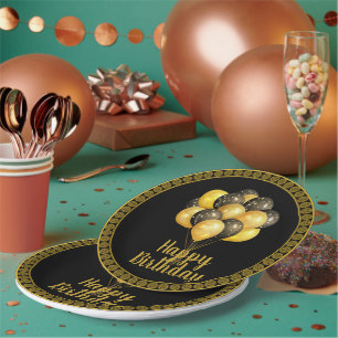 Assiettes En Carton Joyeux anniversaire, or et noir,