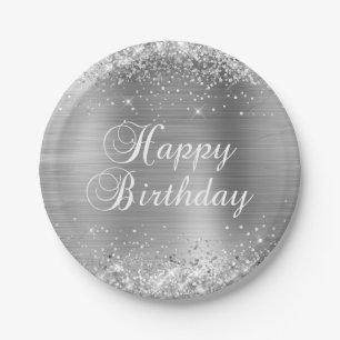 Assiettes En Carton Joyeux Anniversaire Pailleté Feuille d'Argent