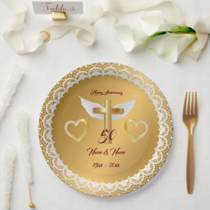 Assiettes En Carton Joyeux Anniversaire personnalisé avec dentelle dor