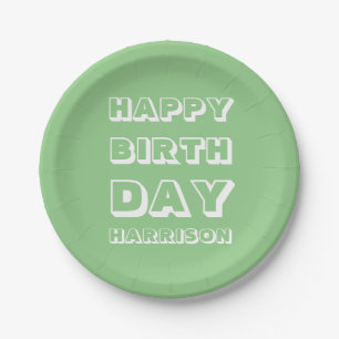 Assiettes En Carton Joyeux anniversaire Personnalisé Nom sage vert mod