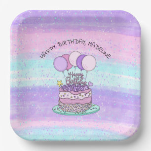 Assiettes En Carton Joyeux anniversaire personnalisé rose et violet  