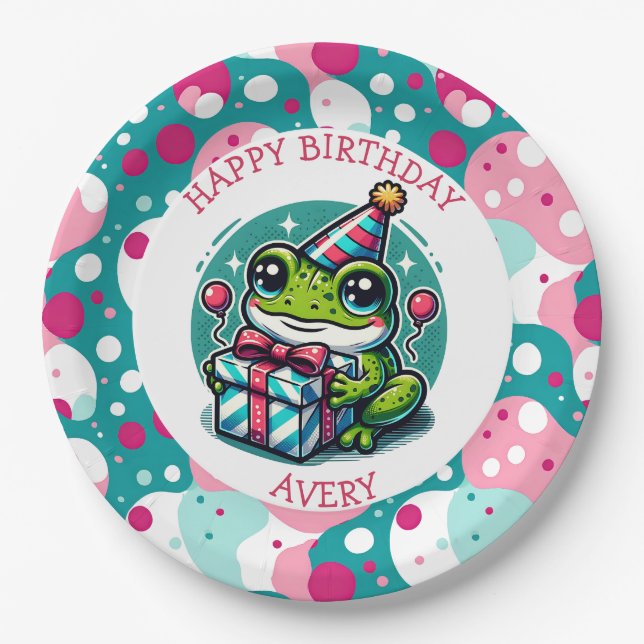 Assiettes En Carton Joyeux anniversaire personnalisé | Thème grenouill (Devant)
