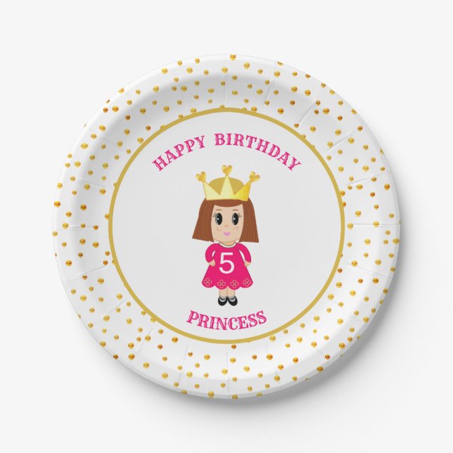 Assiettes En Carton Joyeux anniversaire Princesse & Gold Confetti (Devant)