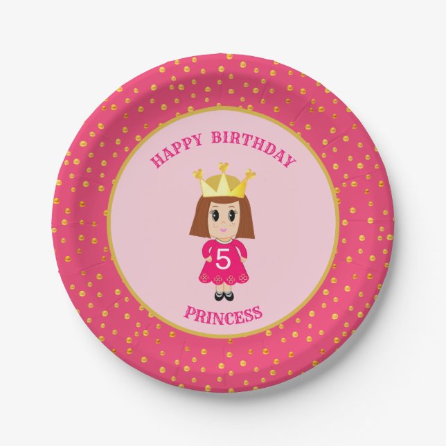 Assiettes En Carton Joyeux anniversaire Princesse & Gold Confetti (Devant)
