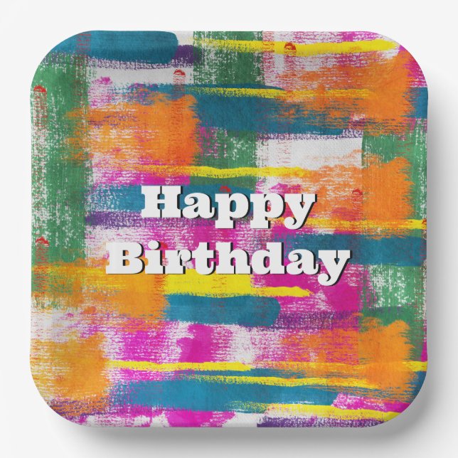Assiettes En Carton Joyeux anniversaire Rainbow Abstrait (Recto)