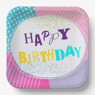 Assiettes En Carton Joyeux Anniversaire Retro Design Plaques de papier