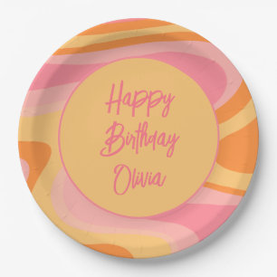 Assiettes En Carton Joyeux anniversaire Retro Vibe Abstrait Swirl 60s