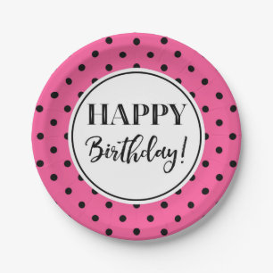 Assiettes En Carton Joyeux Anniversaire rose blanc points noirs