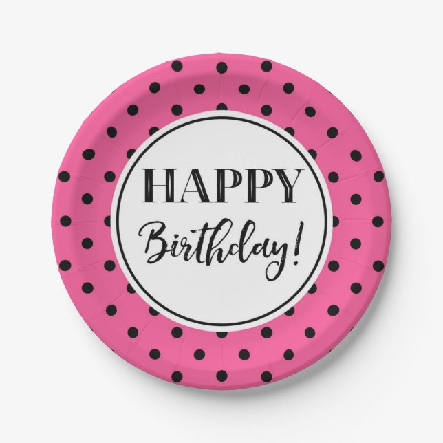 Assiettes En Carton Joyeux Anniversaire rose blanc points noirs (Devant)