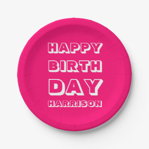 Assiettes En Carton Joyeux Anniversaire rose chaud nom personnalisé mo