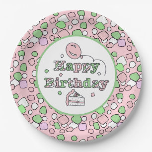 Assiettes En Carton Joyeux anniversaire rose et vert