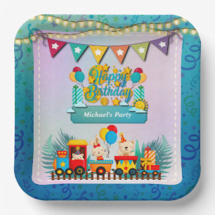 Assiettes En Carton Joyeux Anniversaire Train Avec Vœux Animaux Mignon