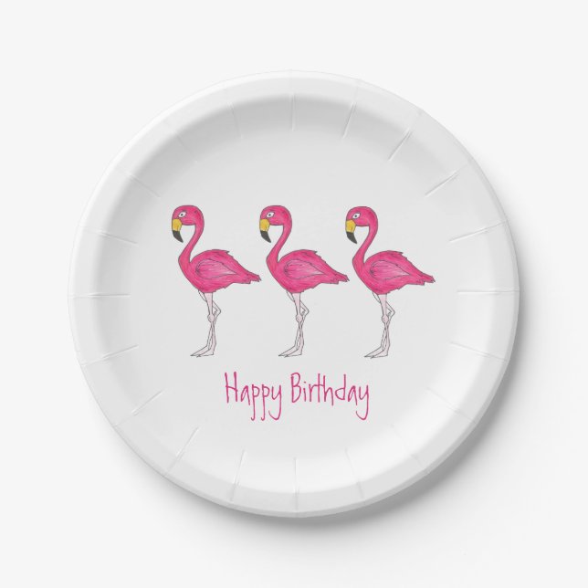 Assiettes En Carton Joyeux anniversaire Tropical Island Flamant rose r (Devant)