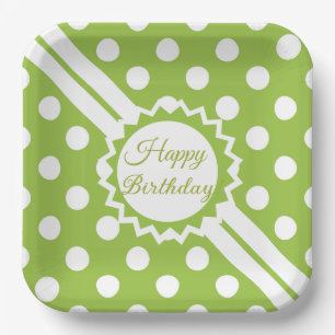 Assiettes En Carton Joyeux Anniversaire Vert Et Blanc À Pois