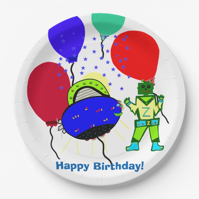 Assiettes En Carton Joyeux Anniversaire Vert Robot Garçon Bleu vaissea (Devant)
