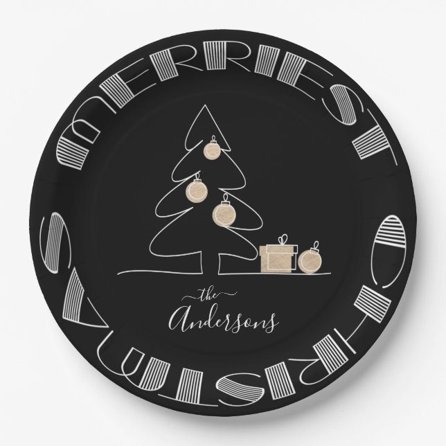 Assiettes En Carton Joyeux arbre de Noël noir (Devant)